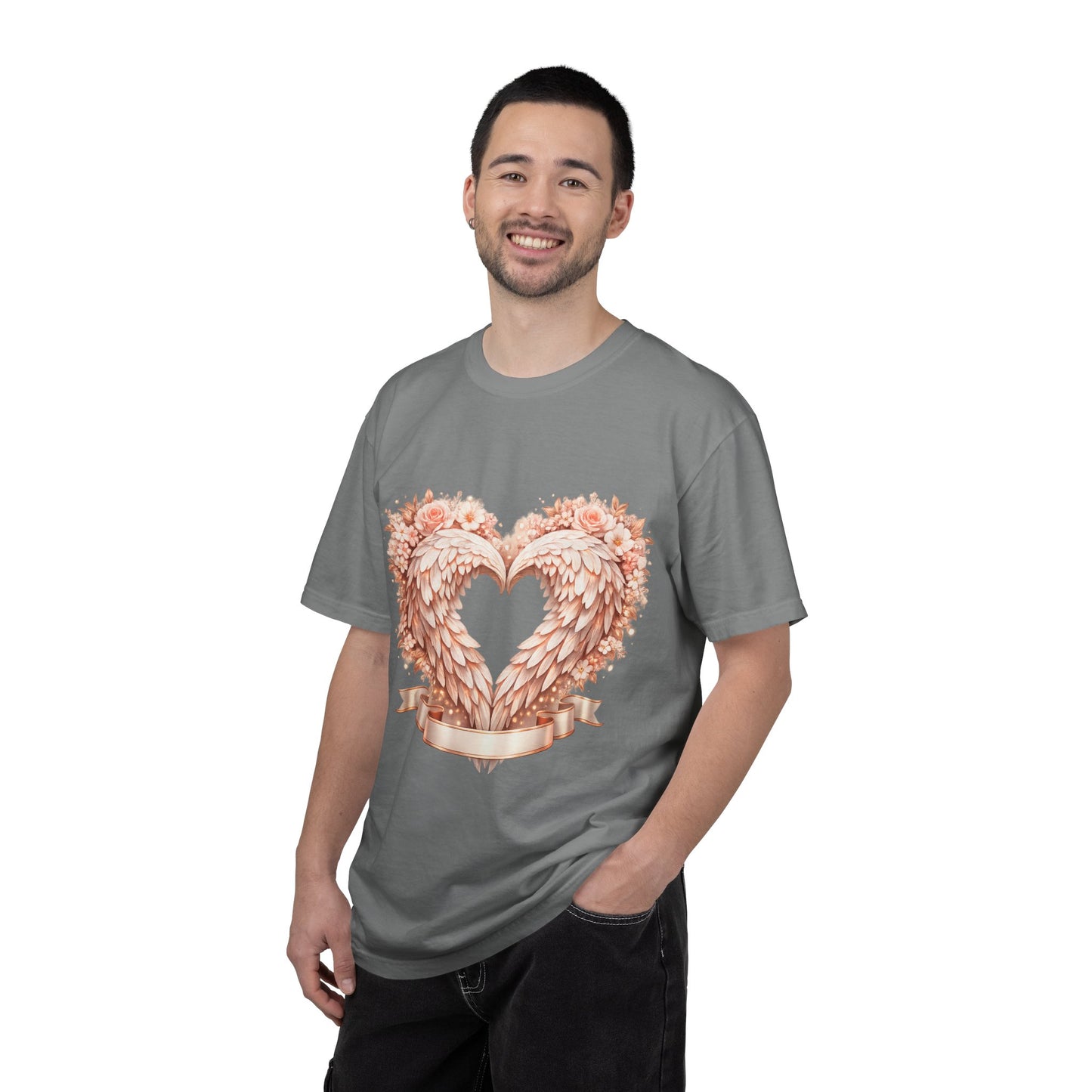 Angel Wing Heart T-Shirt — Floral Ribbon Love Graphic Tee