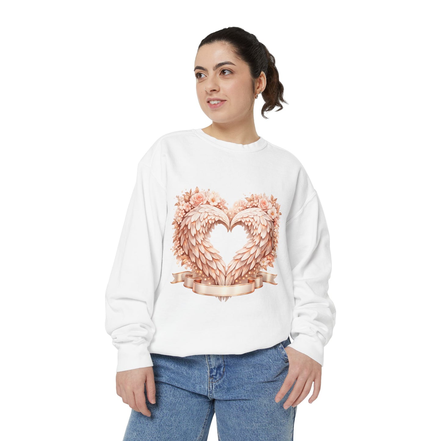 Heart Wings Sweatshirt — Rose Gold Floral Winged Heart Crewneck