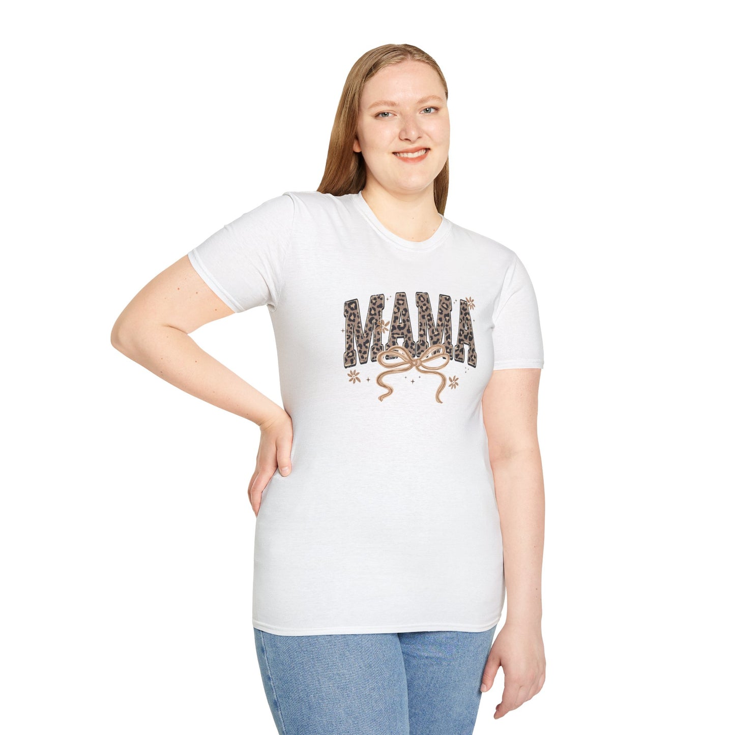 Mama Leopard Print T-Shirt — Cute Mama Graphic Tee with Bow Accent