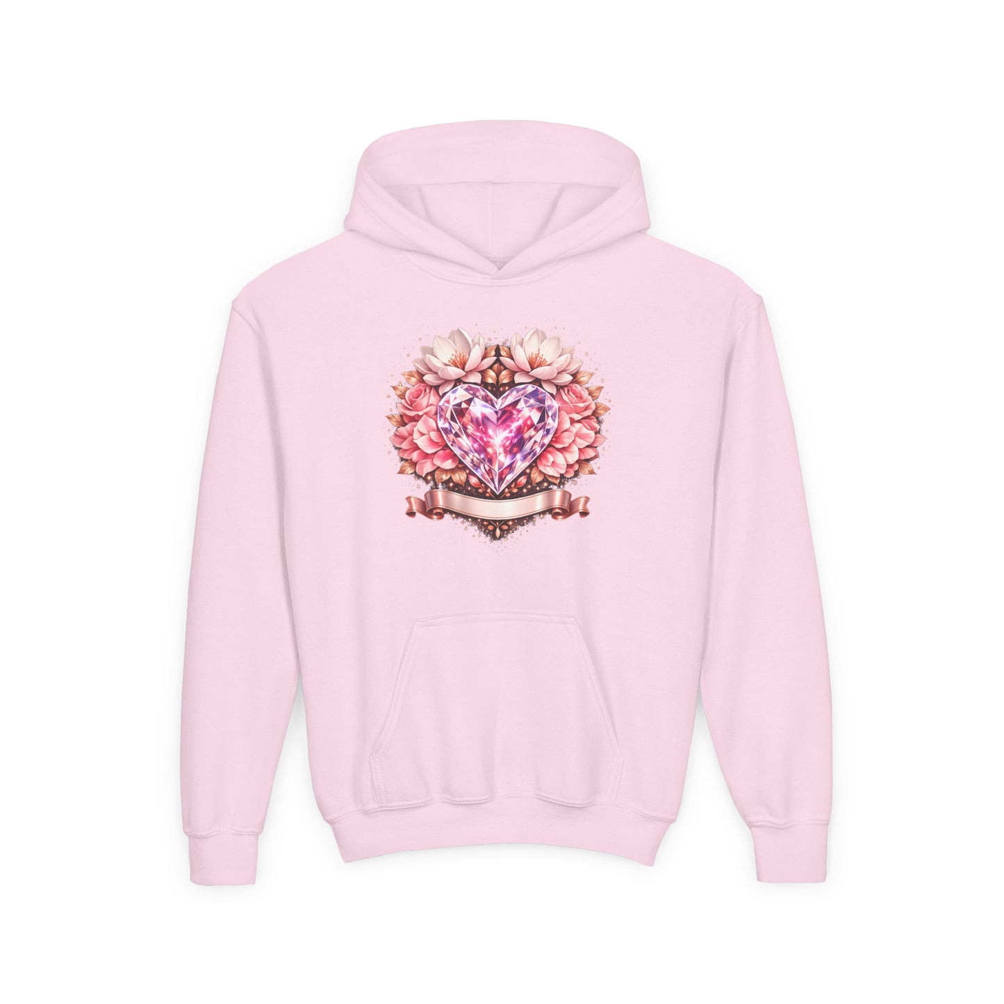 Youth Heart Gem Hoodie — Pink Floral Heart Graphic Sweatshirt