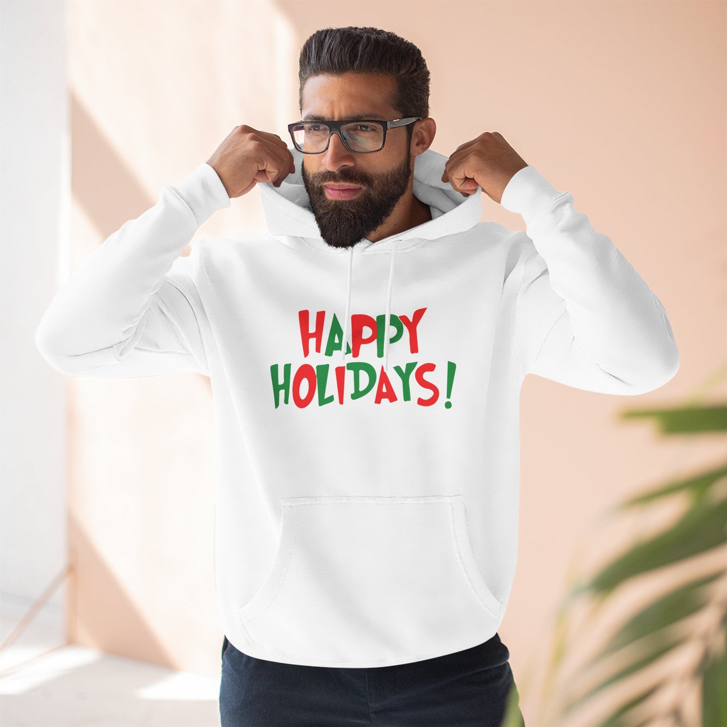 Happy Holidays! Fleece Hoodie — Festive Red & Green Holiday Sweatshirt