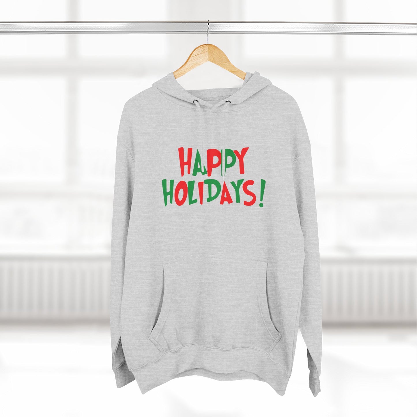 Happy Holidays! Fleece Hoodie — Festive Red & Green Holiday Sweatshirt