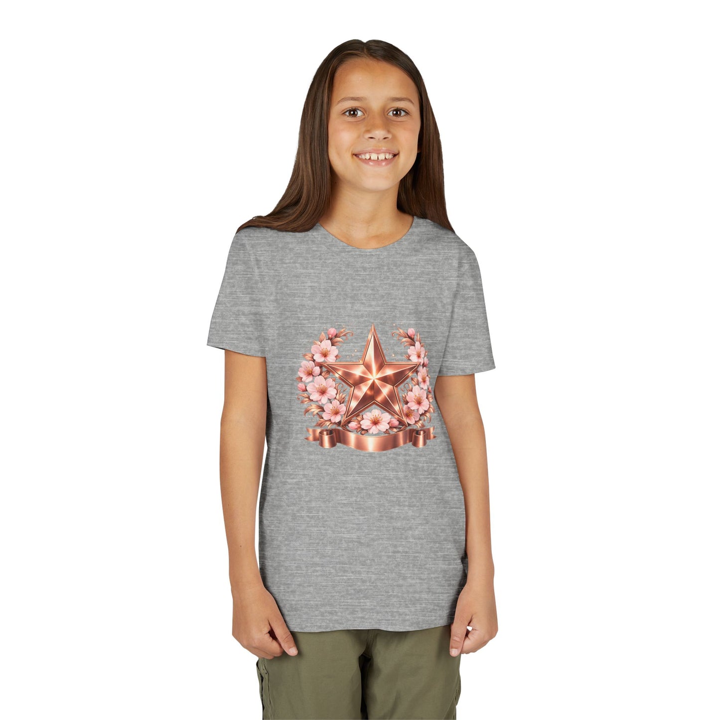 Youth Tee — Rose Gold Star with Cherry Blossom Wreath