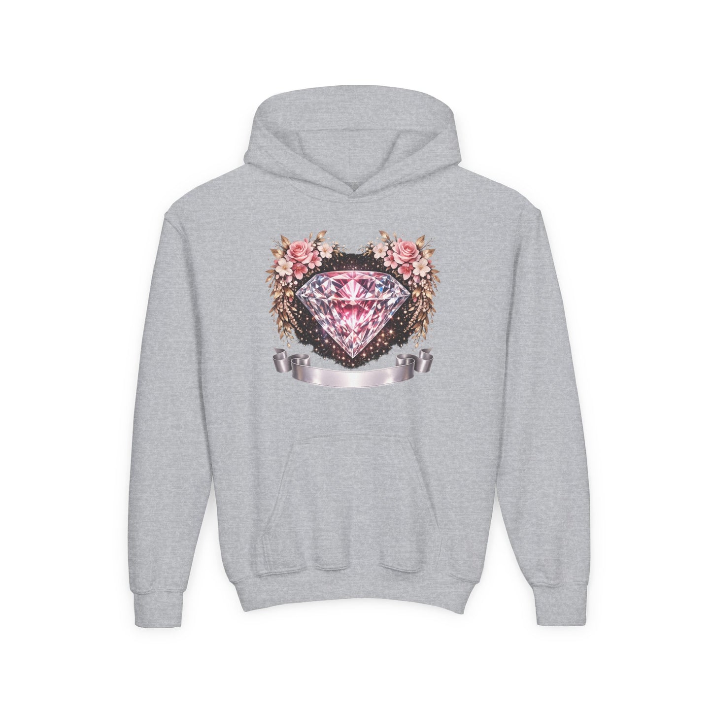 Youth Diamond Floral Hoodie — Pink Gem Crest Sweatshirt for Girls