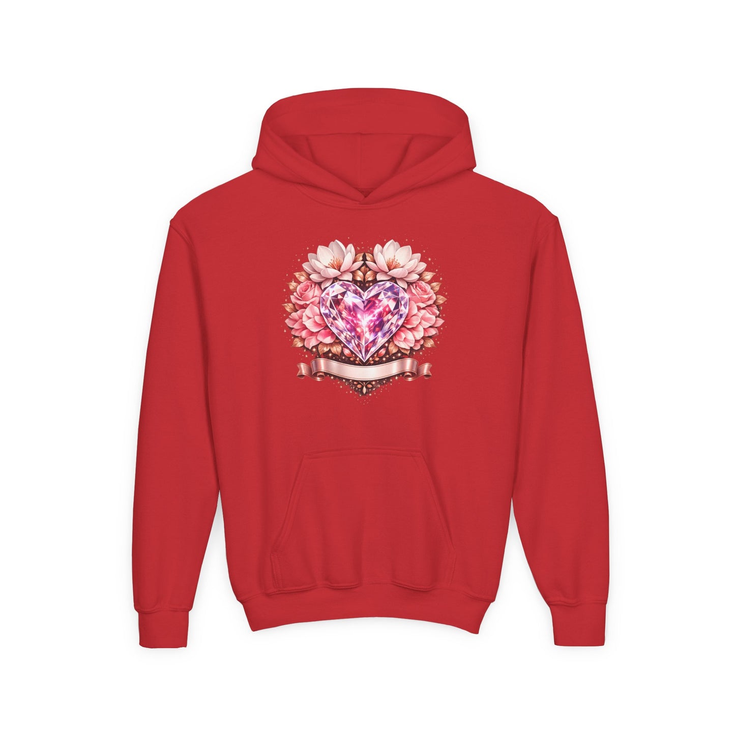 Youth Heart Gem Hoodie — Pink Floral Heart Graphic Sweatshirt