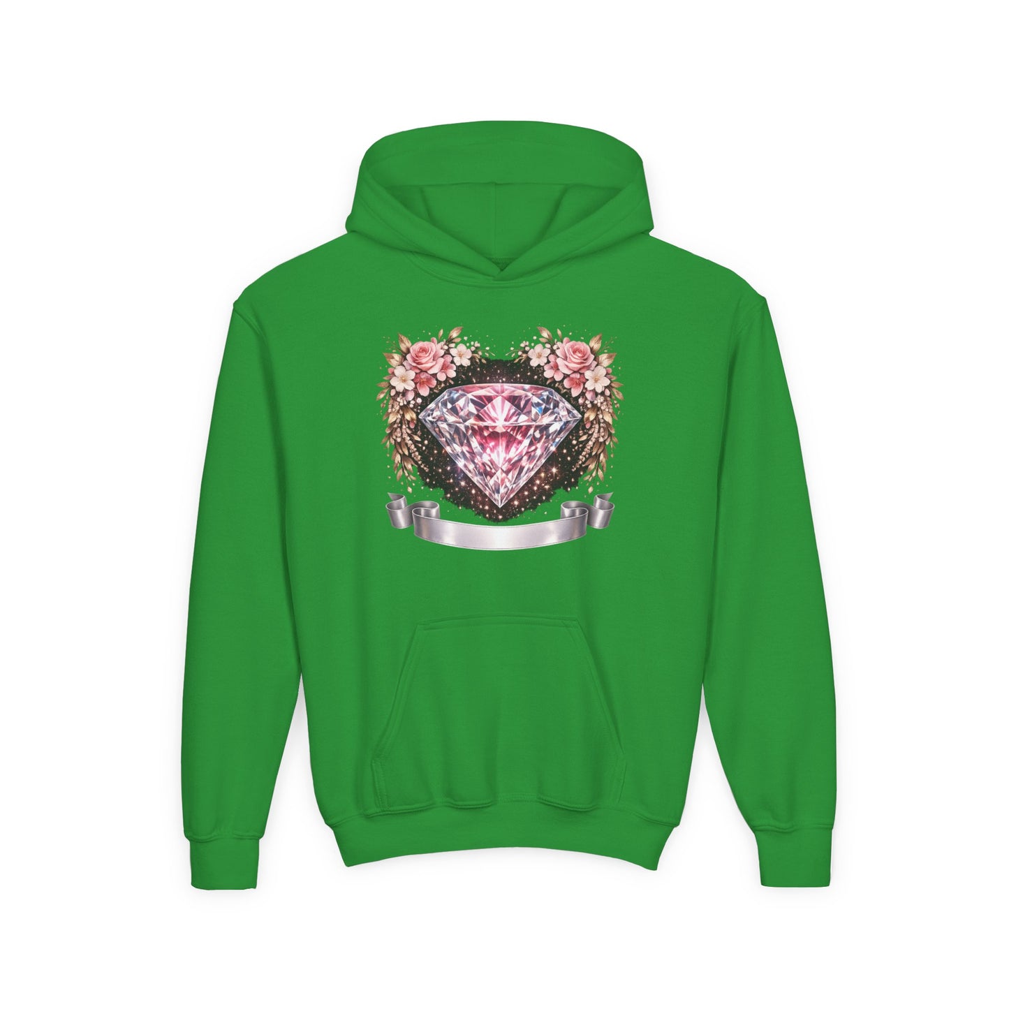 Youth Diamond Floral Hoodie — Pink Gem Crest Sweatshirt for Girls