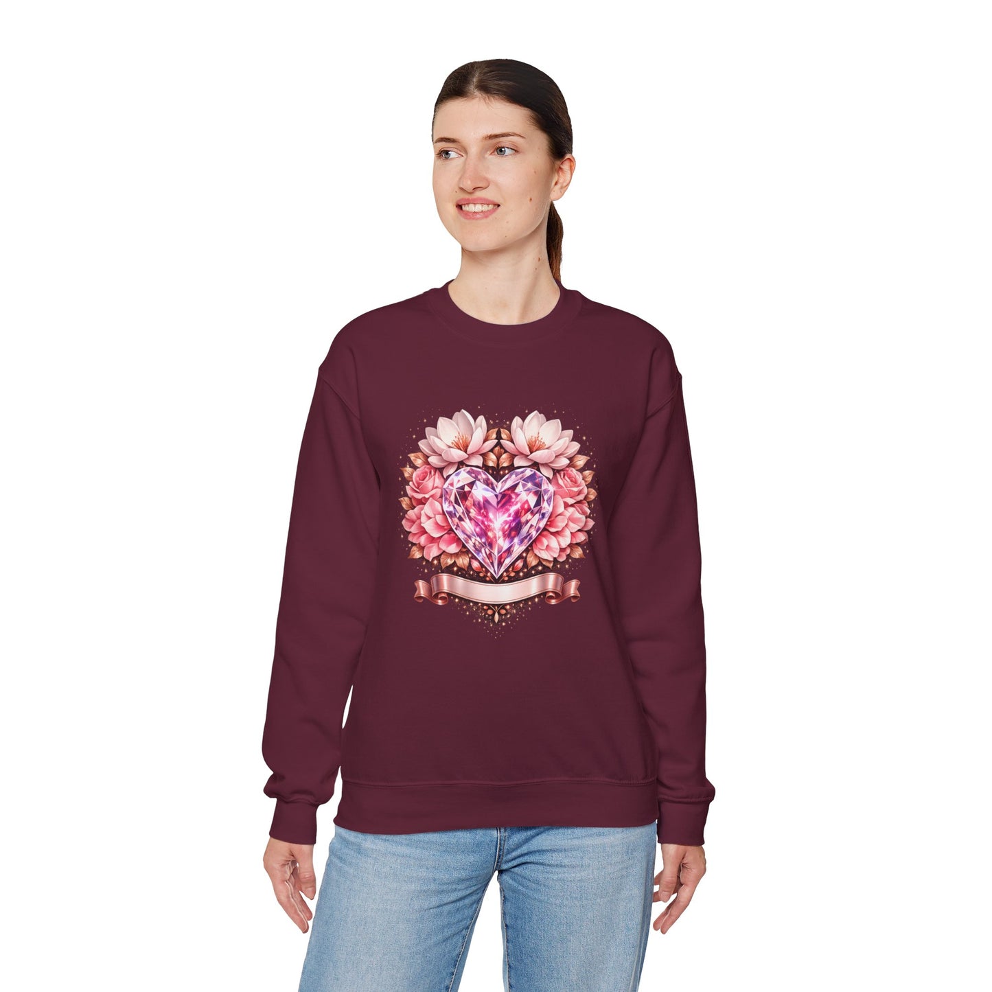 Crewneck Sweatshirt — Pink Gem Heart Floral Design