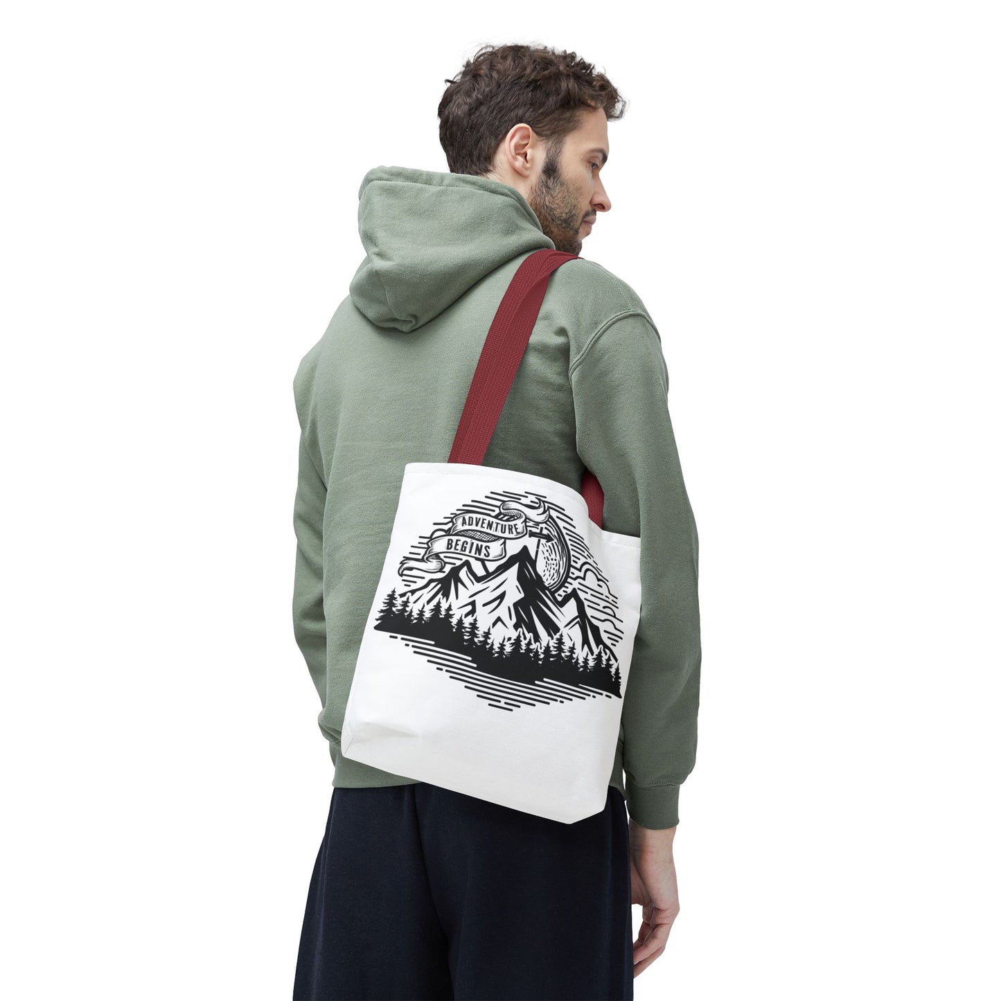 Adventure Begins mountain scene Tote Bag | nature, camping, vintage badge