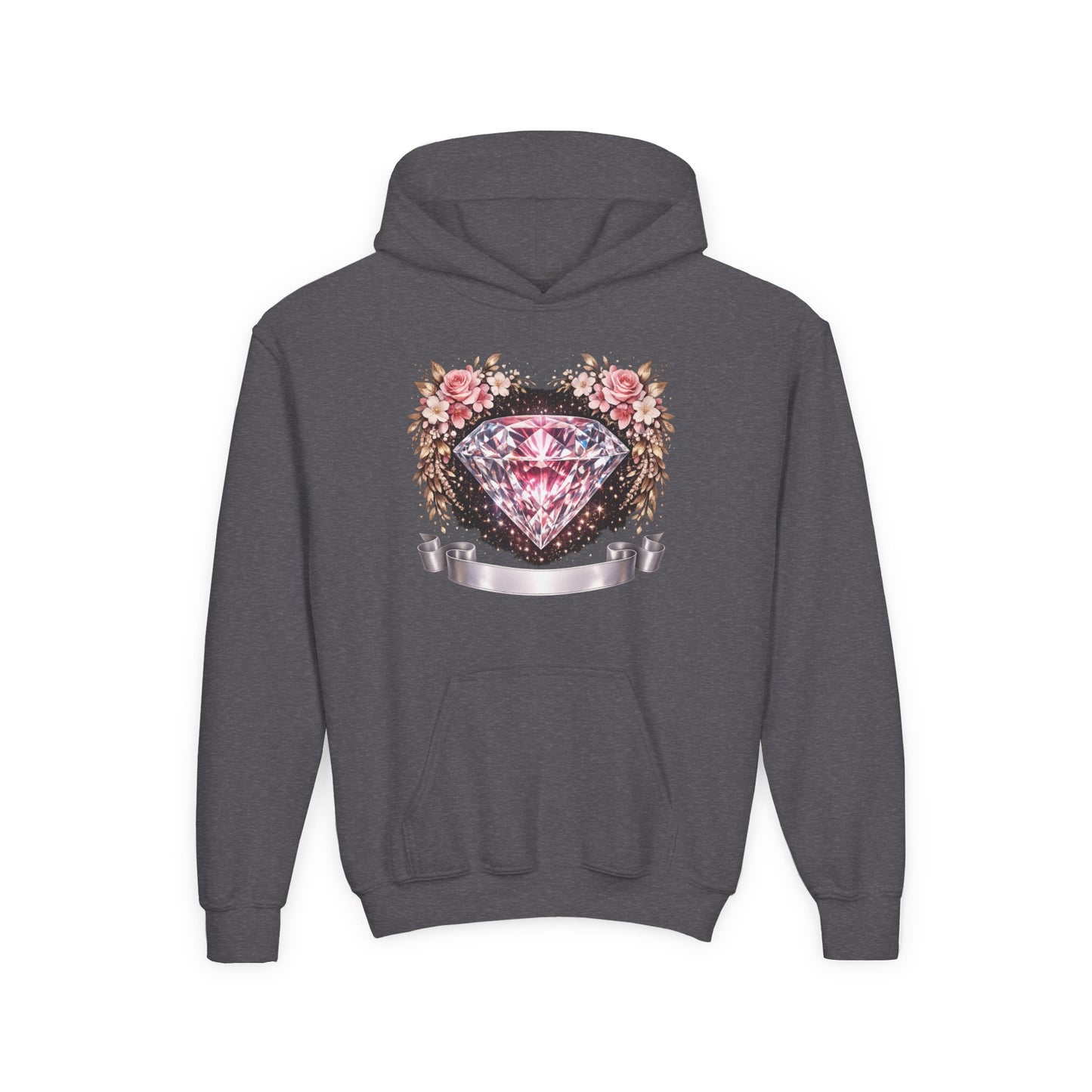 Youth Diamond Floral Hoodie — Pink Gem Crest Sweatshirt for Girls