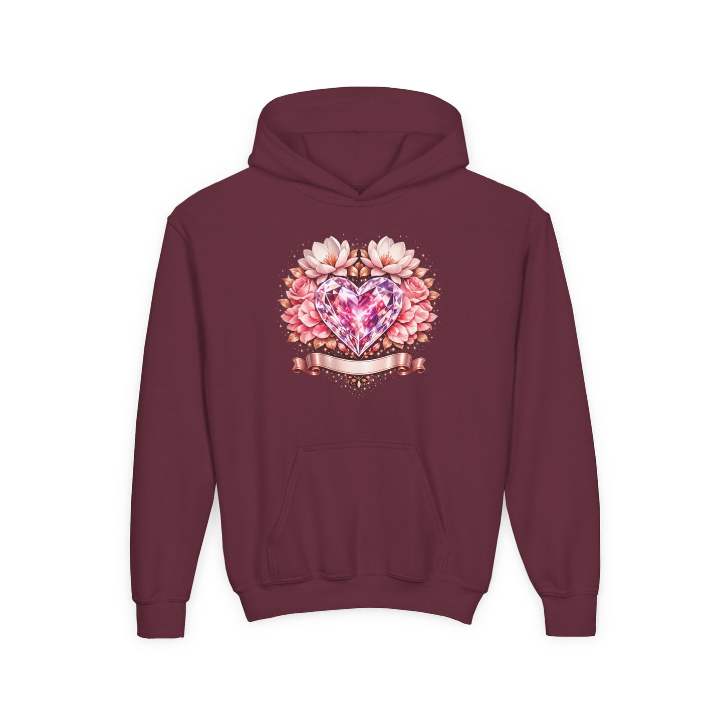 Youth Heart Gem Hoodie — Pink Floral Heart Graphic Sweatshirt