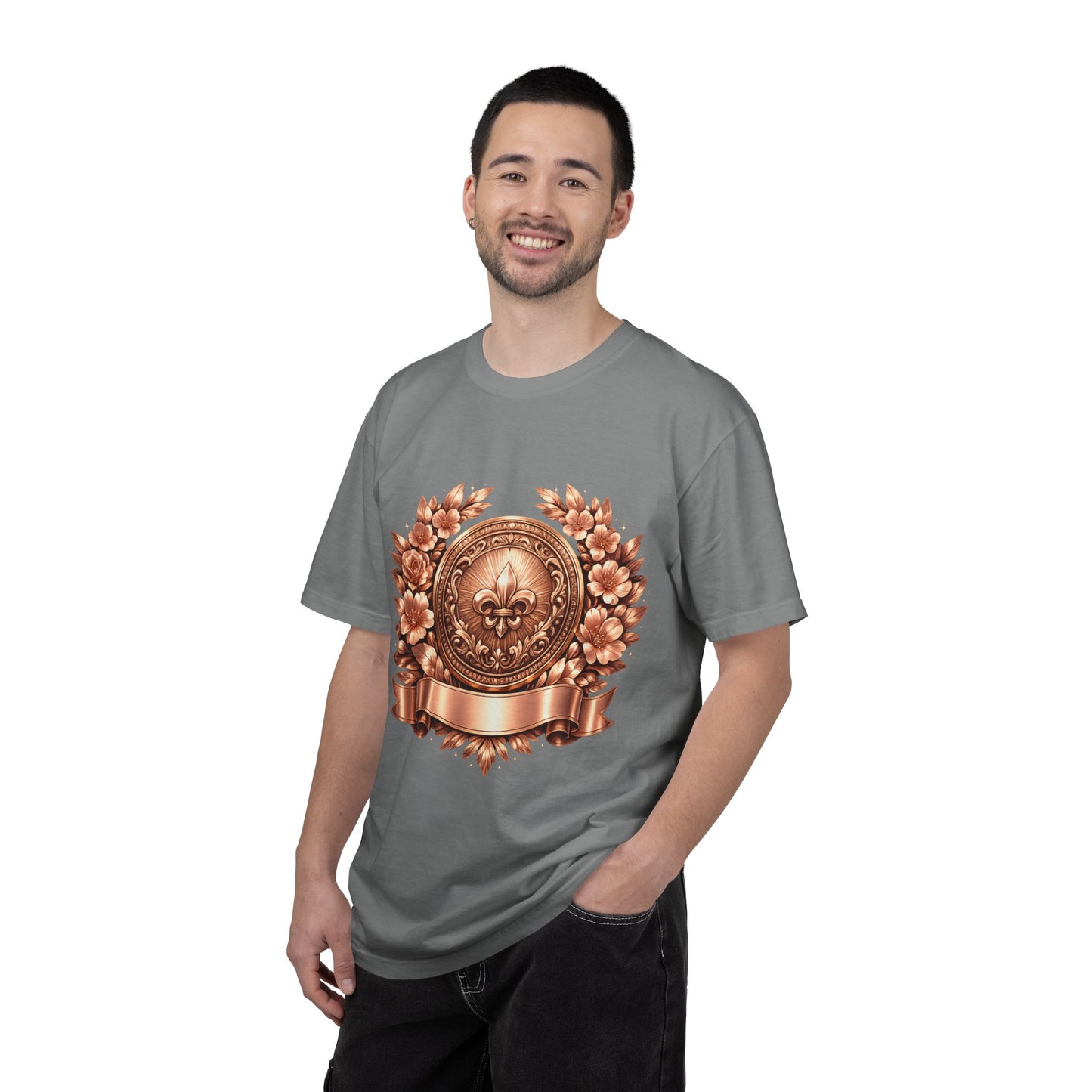 Vintage Fleur-de-Lis Crest T-Shirt — Bronze Laurel Emblem Tee