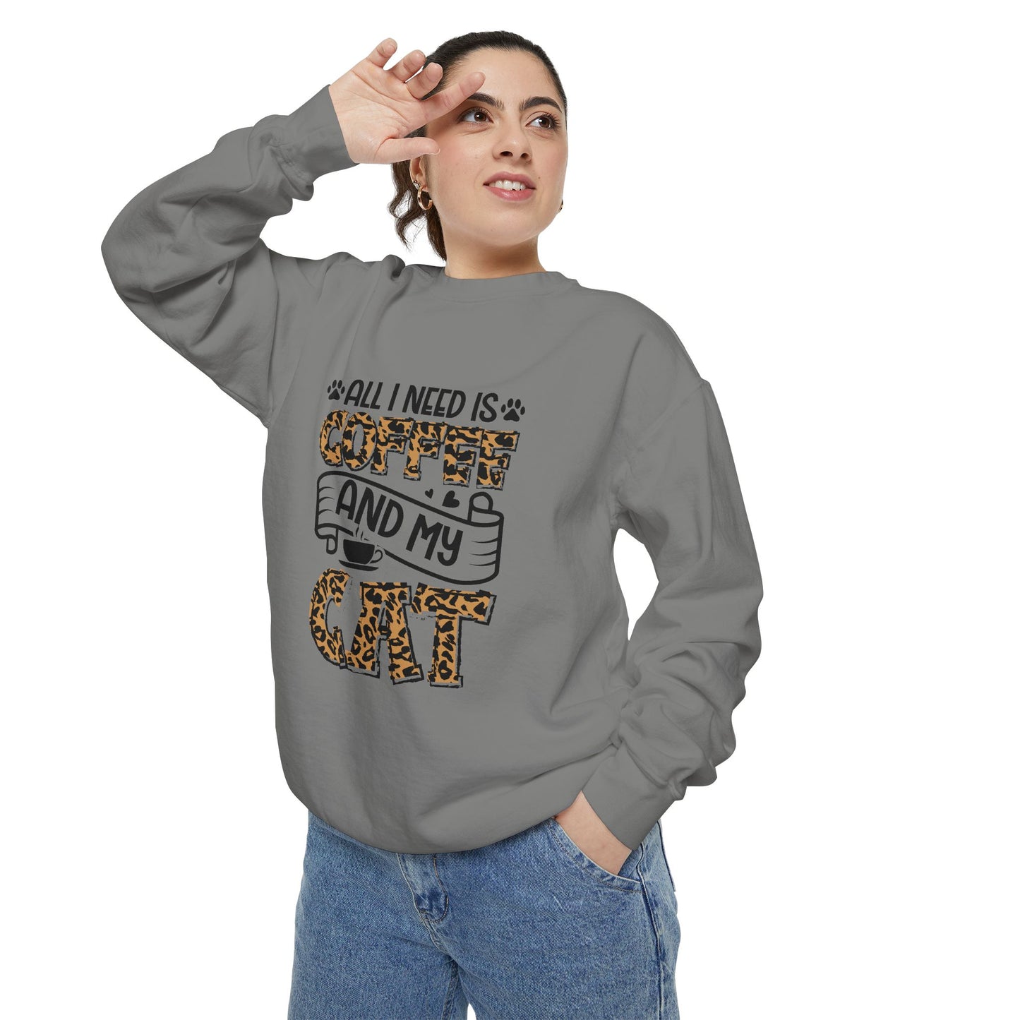 All I Need Is Coffee and My Cat Sweatshirt | Leopard Print Cat Design