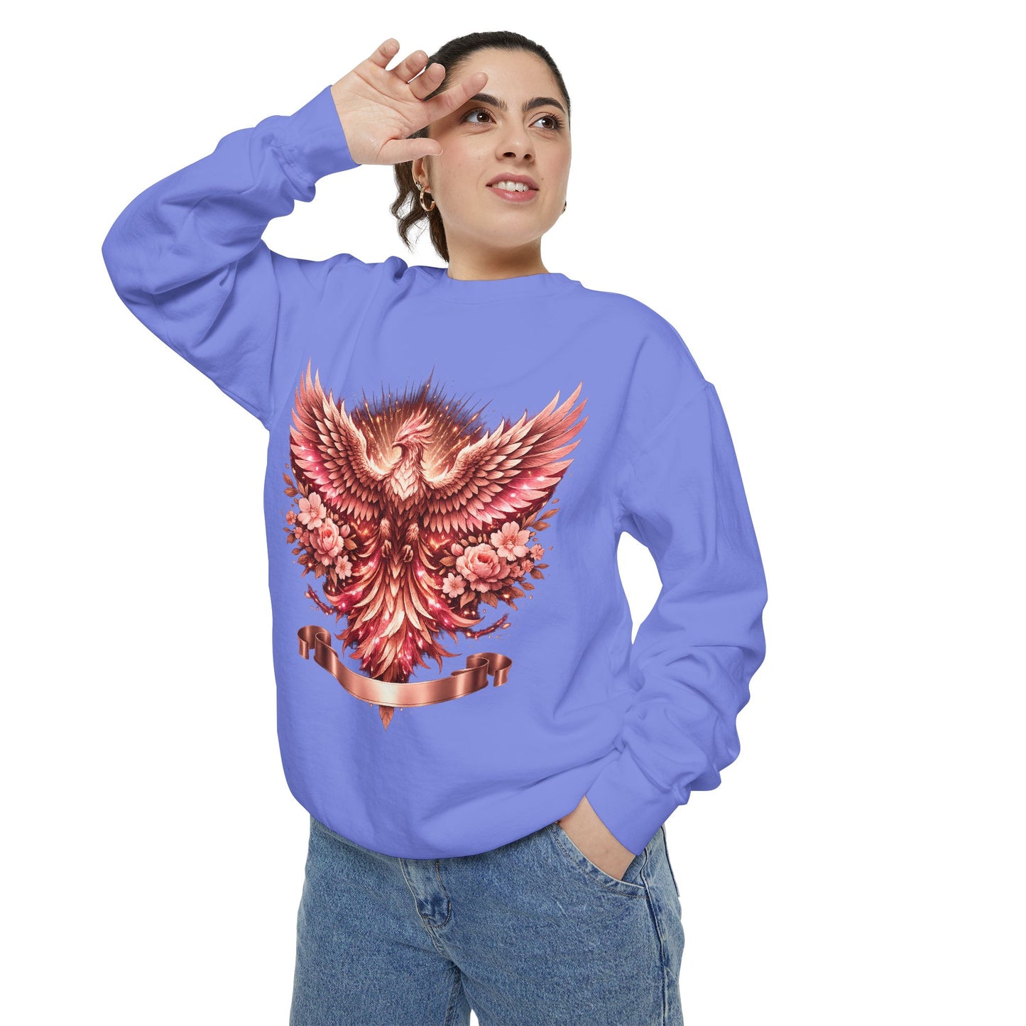 Phoenix Floral Sweatshirt — Rose Gold Rising Bird Graphic Crewneck