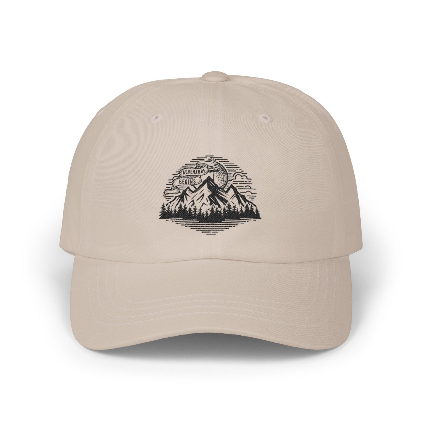 Mountain Landscape Dad Cap | Embroidered Peaks, Forest Outline