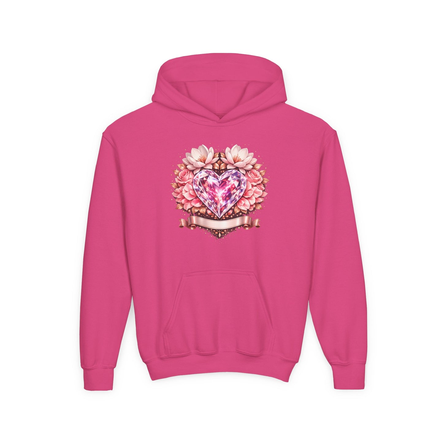 Youth Heart Gem Hoodie — Pink Floral Heart Graphic Sweatshirt