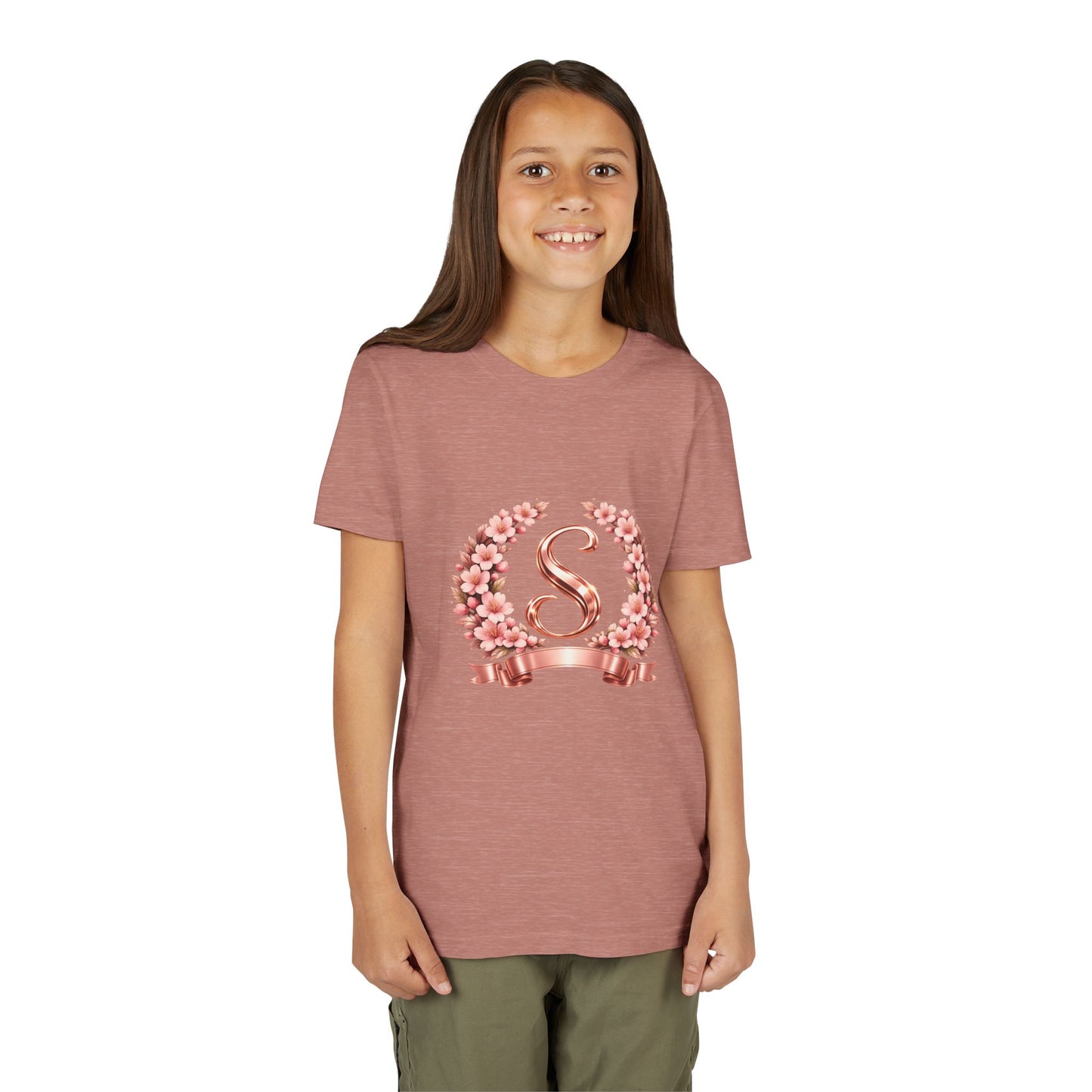 Youth Tee — Rose Gold Floral Monogram 'S' Shirt
