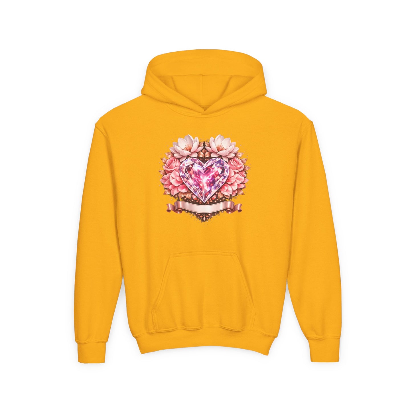 Youth Heart Gem Hoodie — Pink Floral Heart Graphic Sweatshirt