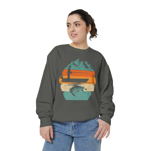 Retro Fishing Mountain Sunset Sweatshirt | Vintage Striped Outdoors Design