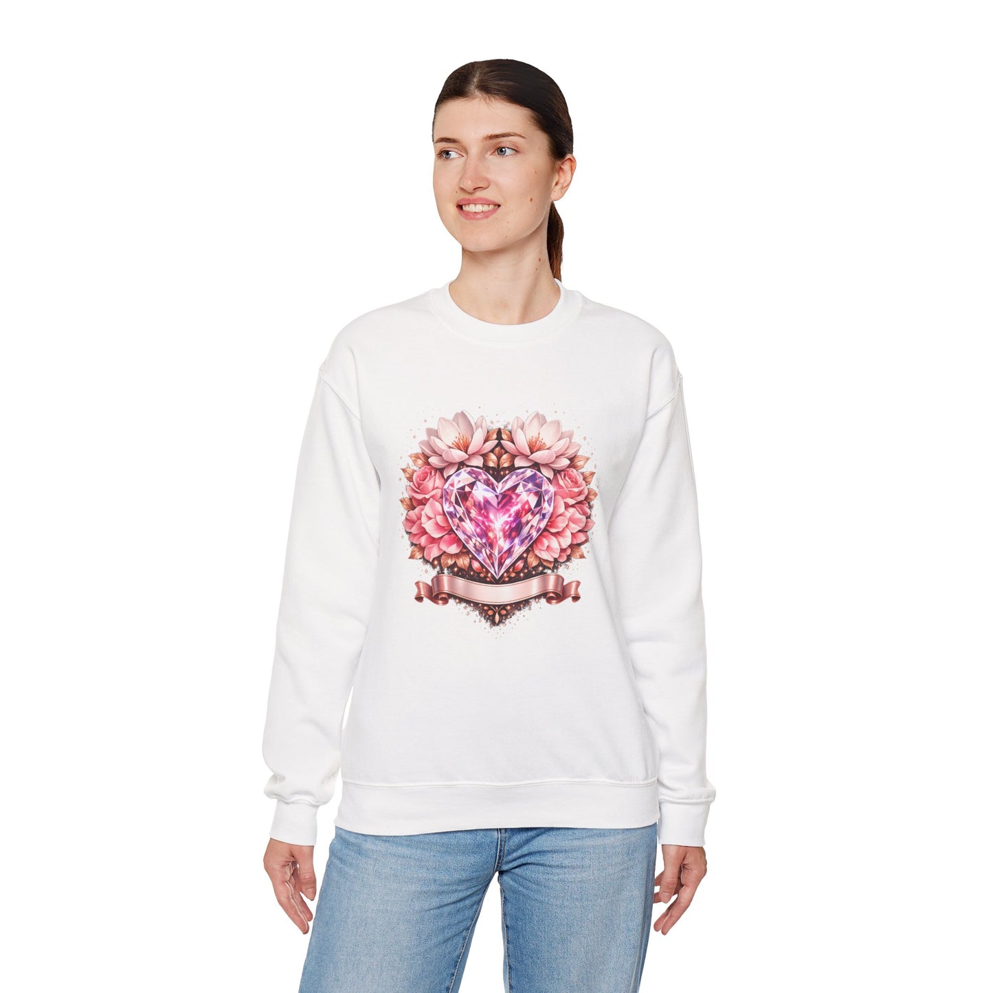 Crewneck Sweatshirt — Pink Gem Heart Floral Design