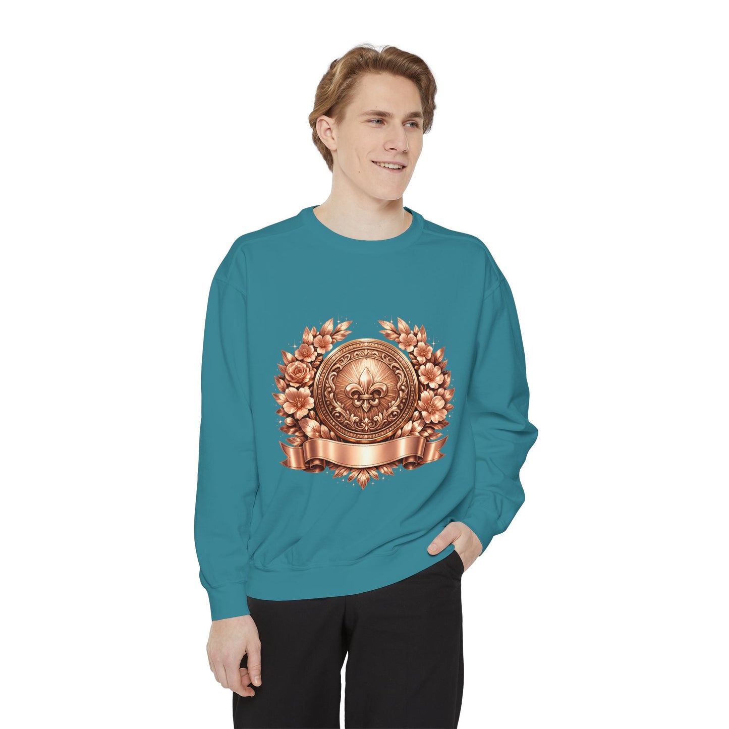 Vintage Bronze Crest Sweatshirt — Fleur-de-Lis Laurel Medallion