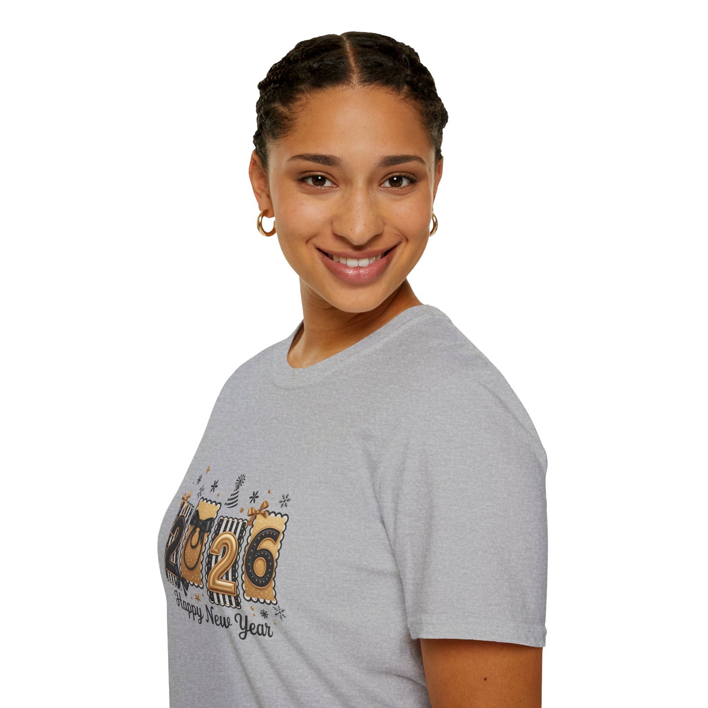 2026 Happy New Year T-Shirt — Gold Confetti Celebration Tee