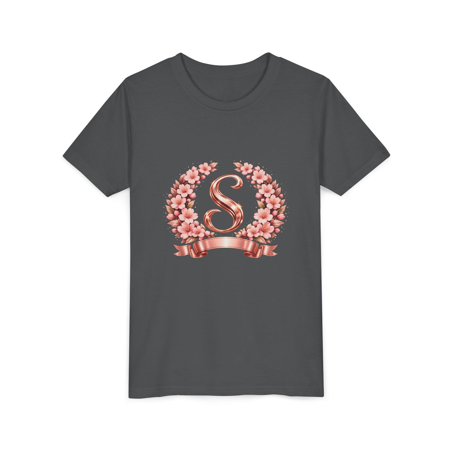 Youth Tee — Rose Gold Floral Monogram 'S' Shirt