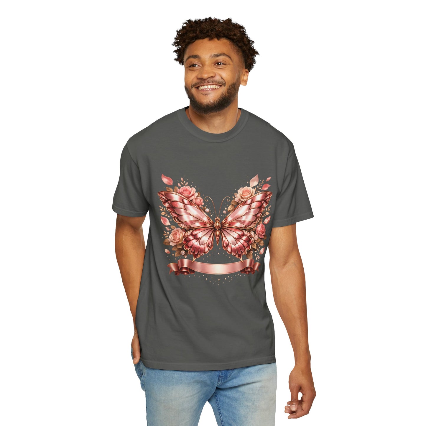 Rose Gold Butterfly T-Shirt — Floral Ribbon Graphic Tee
