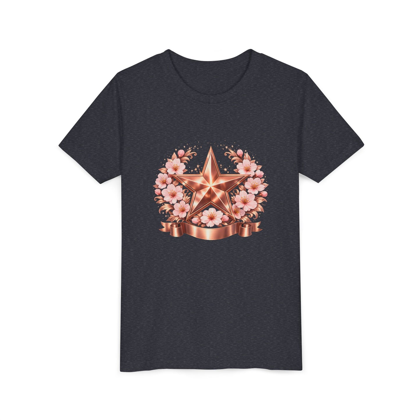 Youth Tee — Rose Gold Star with Cherry Blossom Wreath