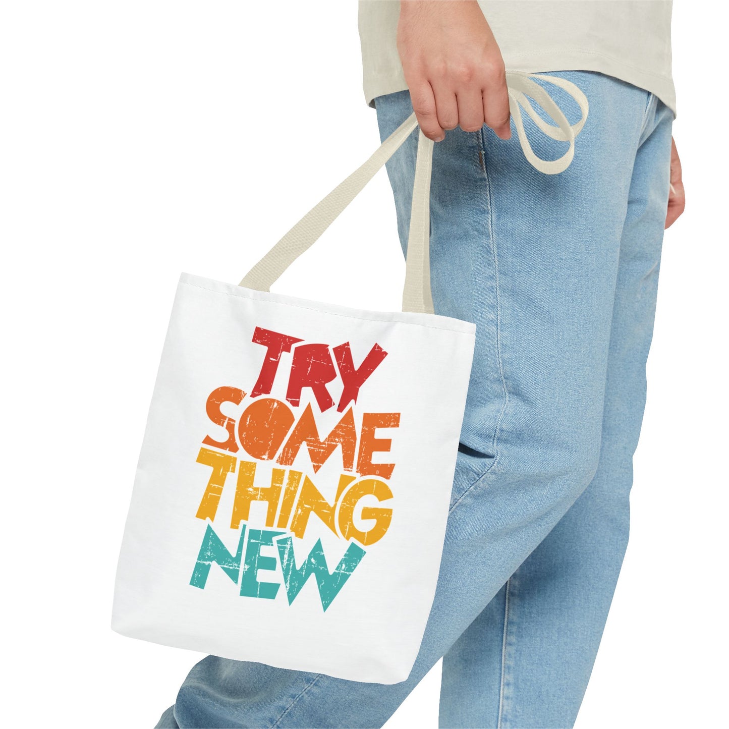 Try Something New Tote Bag | Colorful Retro Typography, Reversible Print