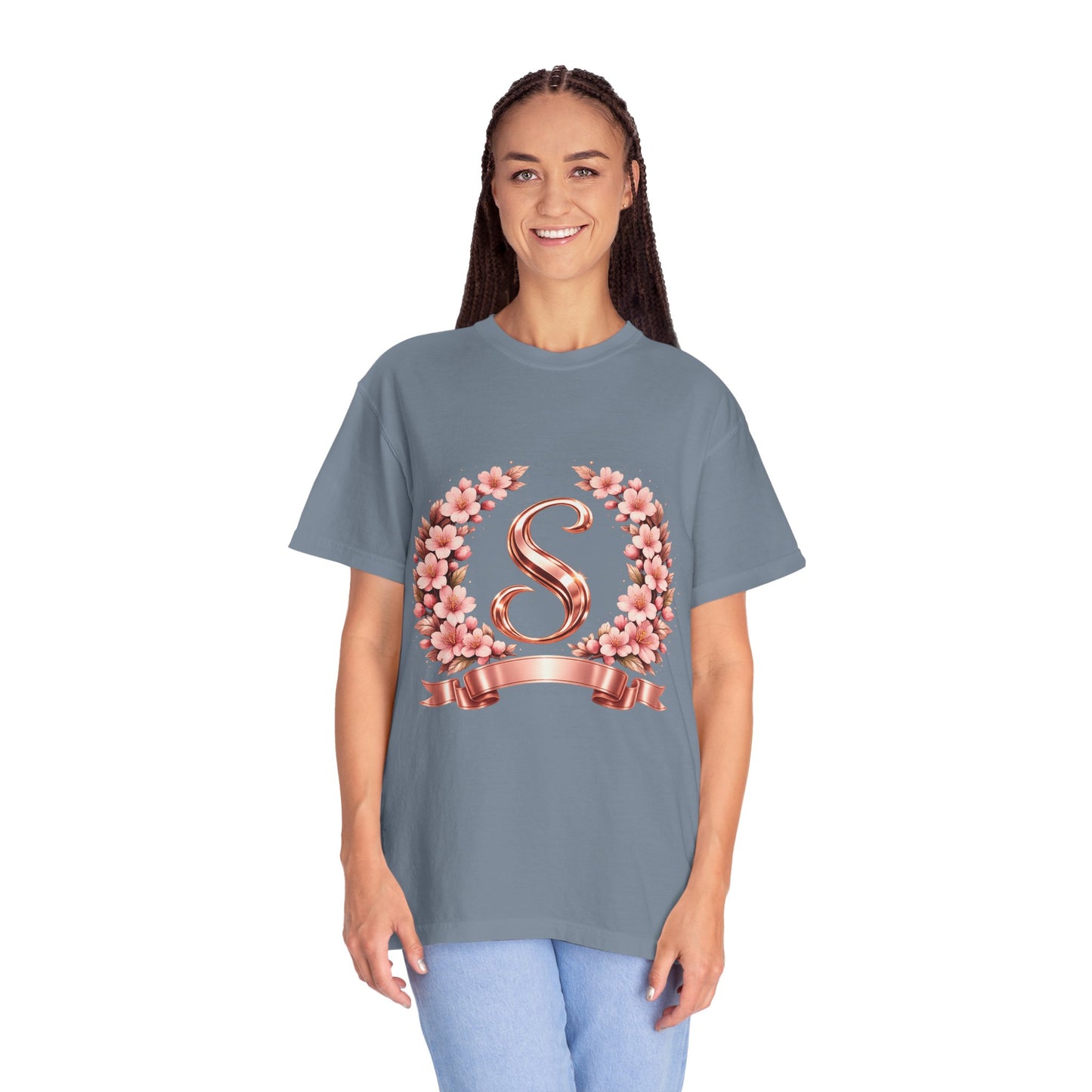 Floral Monogram 'S' T-Shirt — Rose Gold Wreath Tee