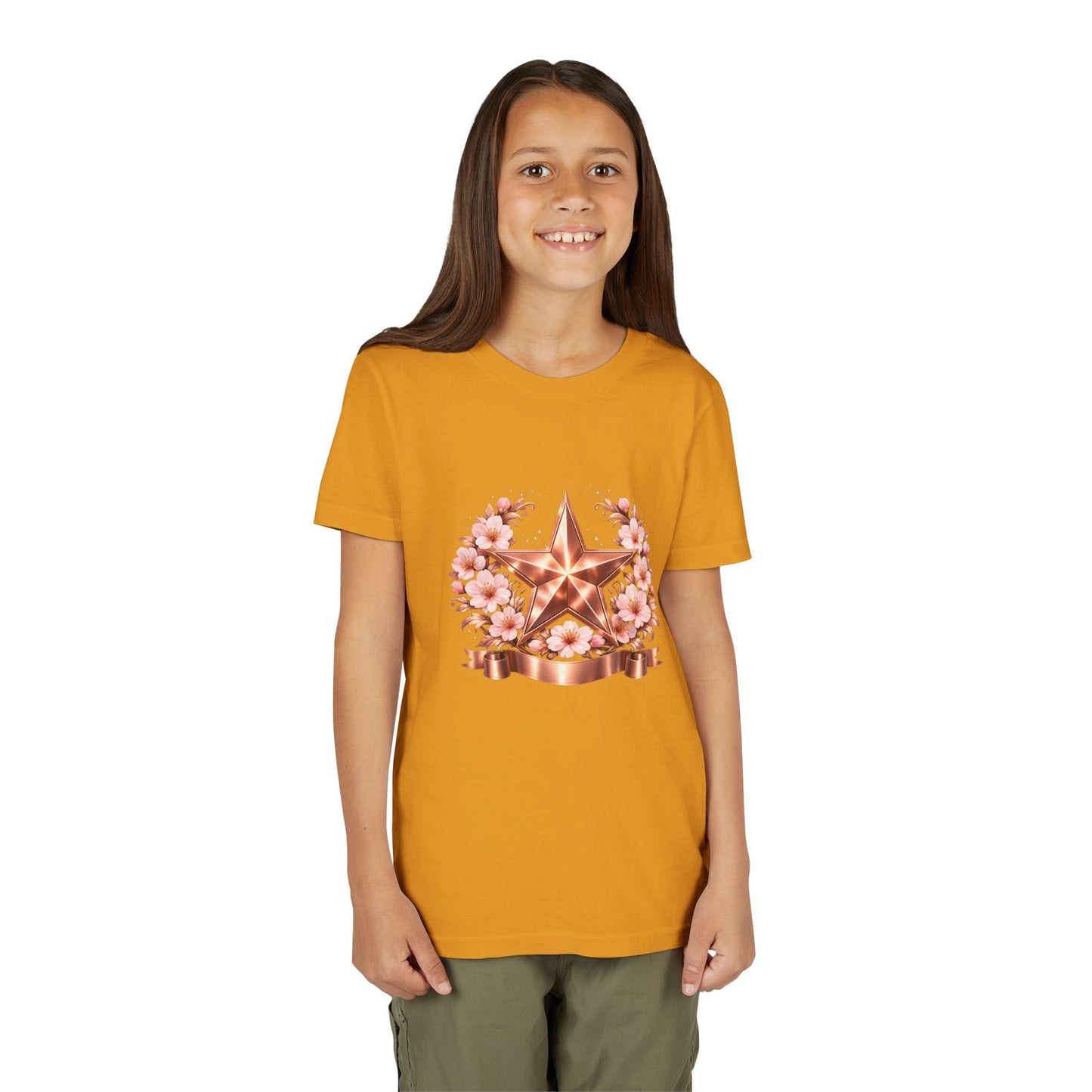 Youth Tee — Rose Gold Star with Cherry Blossom Wreath
