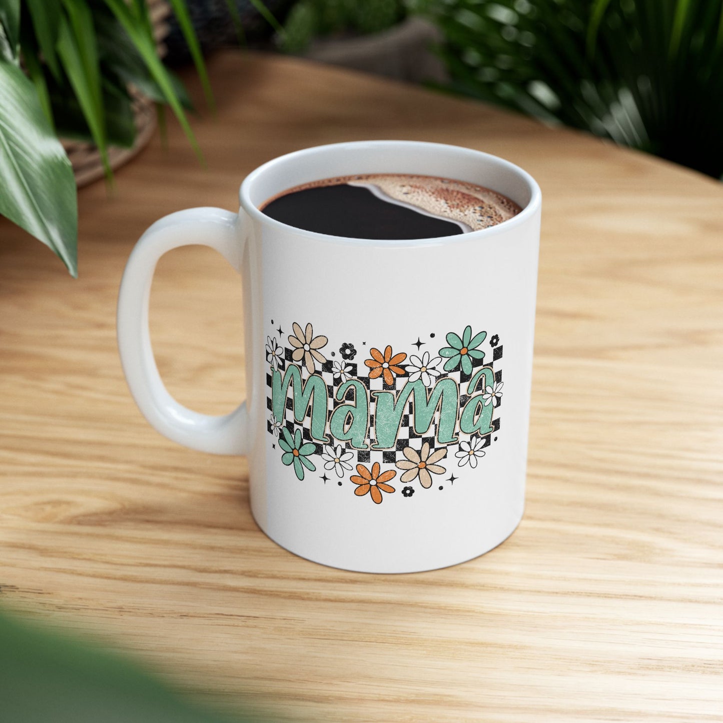 Mama floral checkerboard Mug | Mom coffee cup, teal daisy design