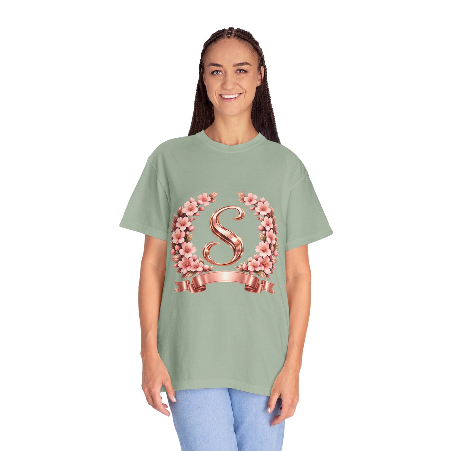 Floral Monogram 'S' T-Shirt — Rose Gold Wreath Tee
