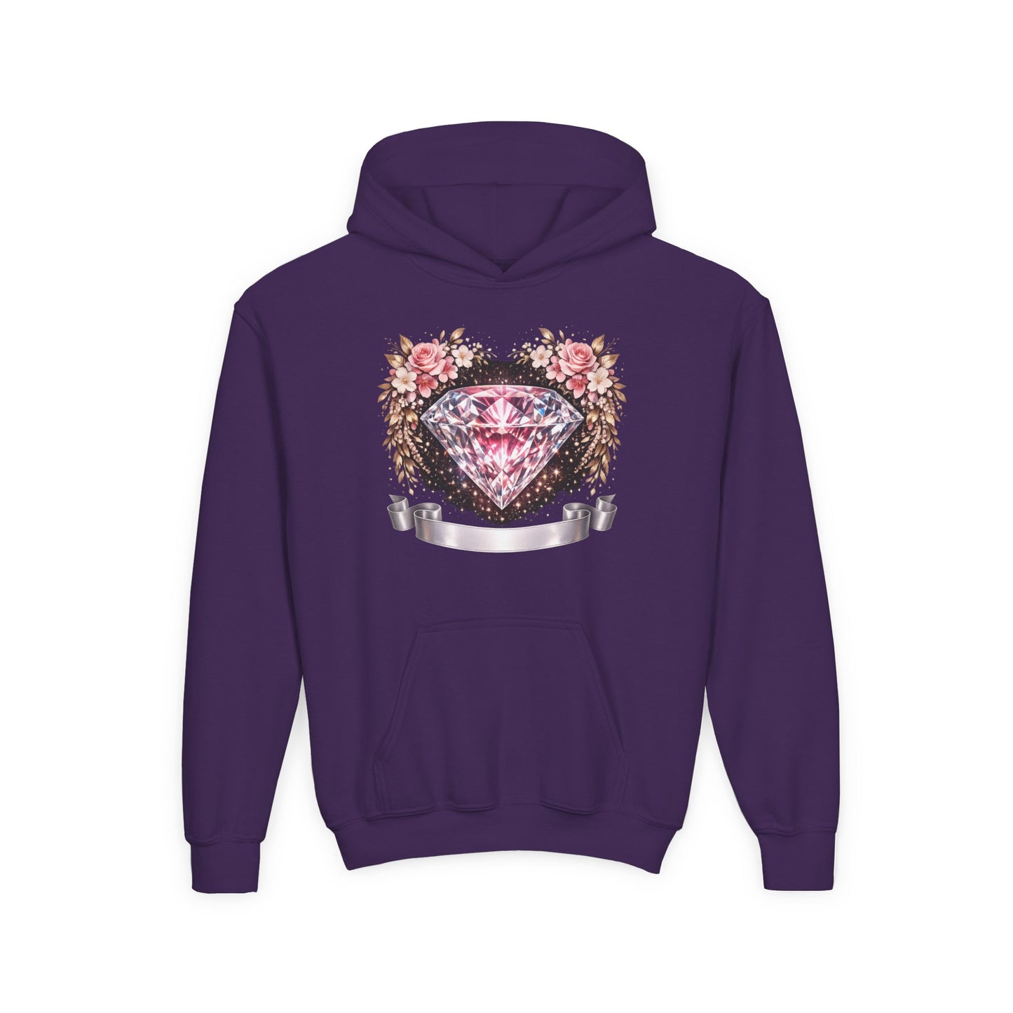 Youth Diamond Floral Hoodie — Pink Gem Crest Sweatshirt for Girls