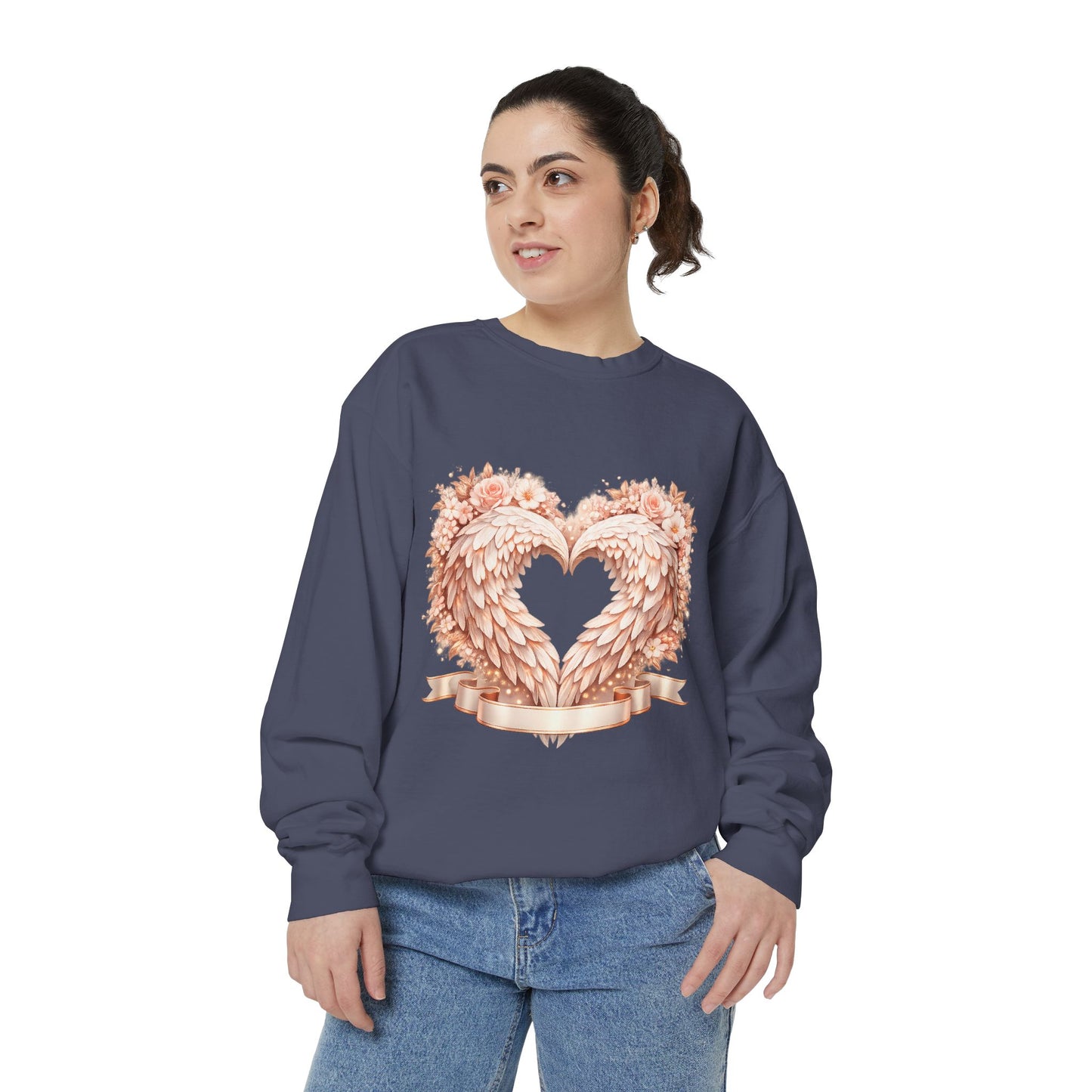 Heart Wings Sweatshirt — Rose Gold Floral Winged Heart Crewneck