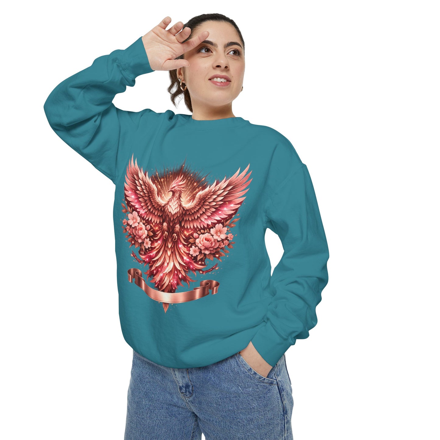 Phoenix Floral Sweatshirt — Rose Gold Rising Bird Graphic Crewneck