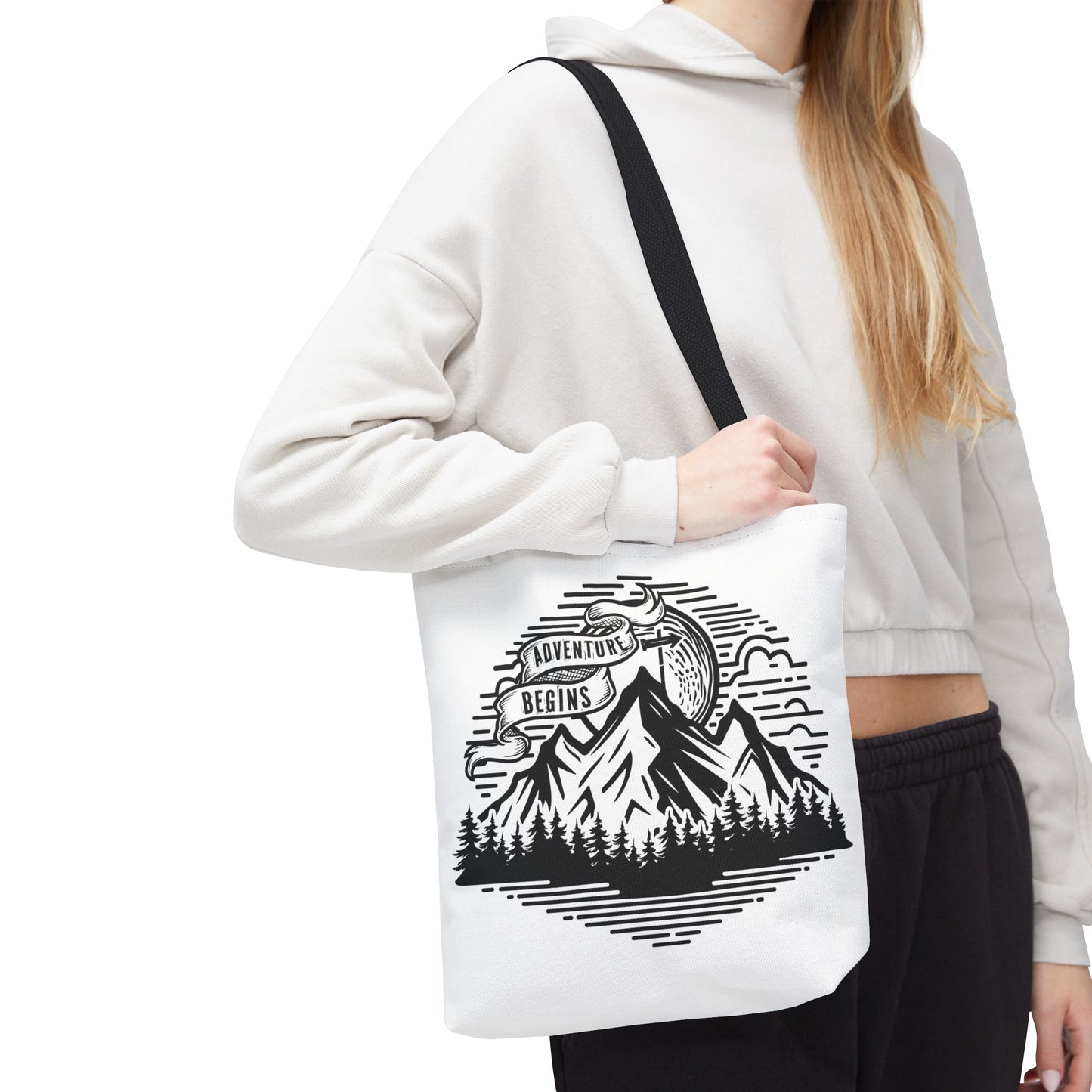 Adventure Begins mountain scene Tote Bag | nature, camping, vintage badge
