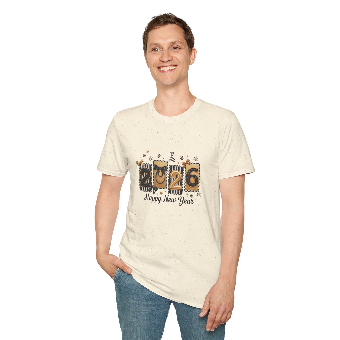 2026 Happy New Year T-Shirt — Gold Confetti Celebration Tee