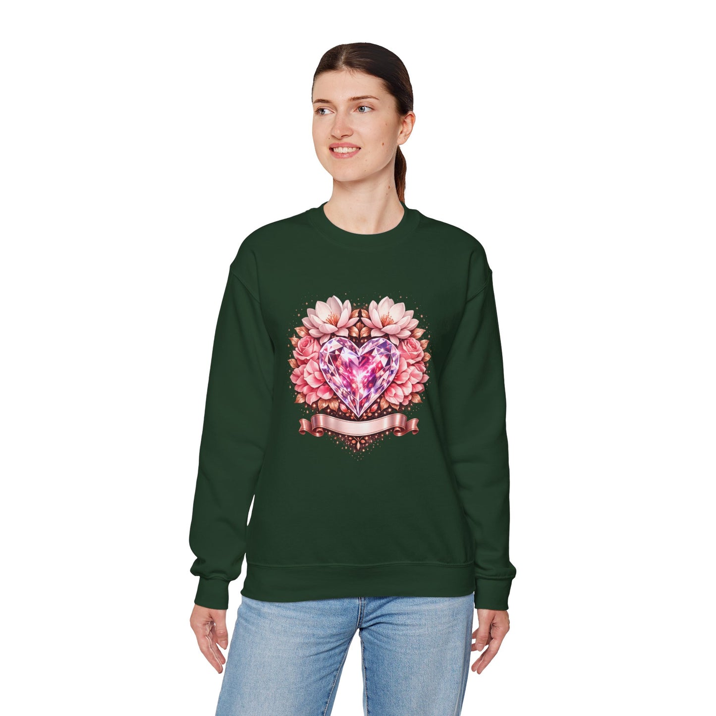 Crewneck Sweatshirt — Pink Gem Heart Floral Design
