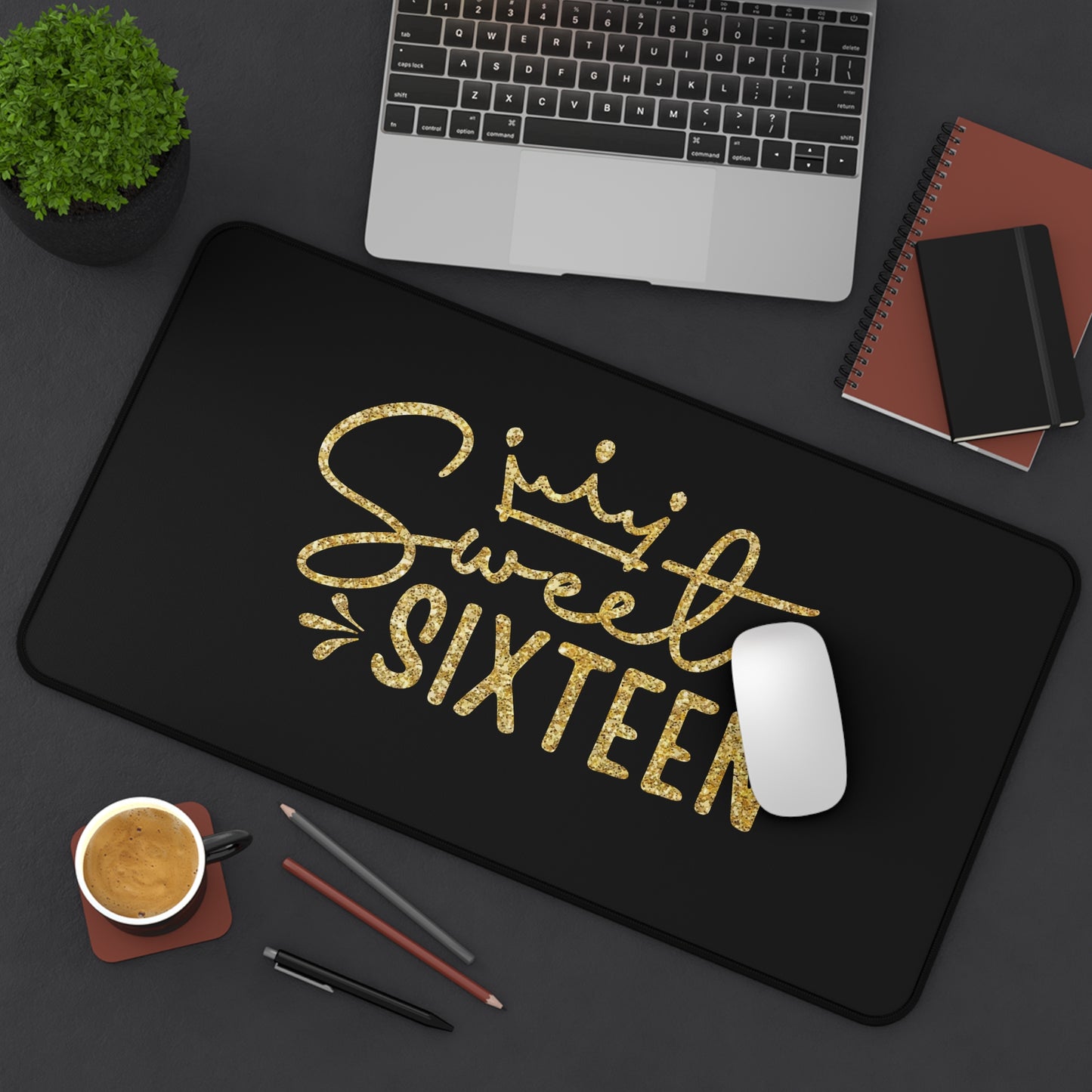 Sweet Sixteen Desk Mat | Gold Glitter Script on Black