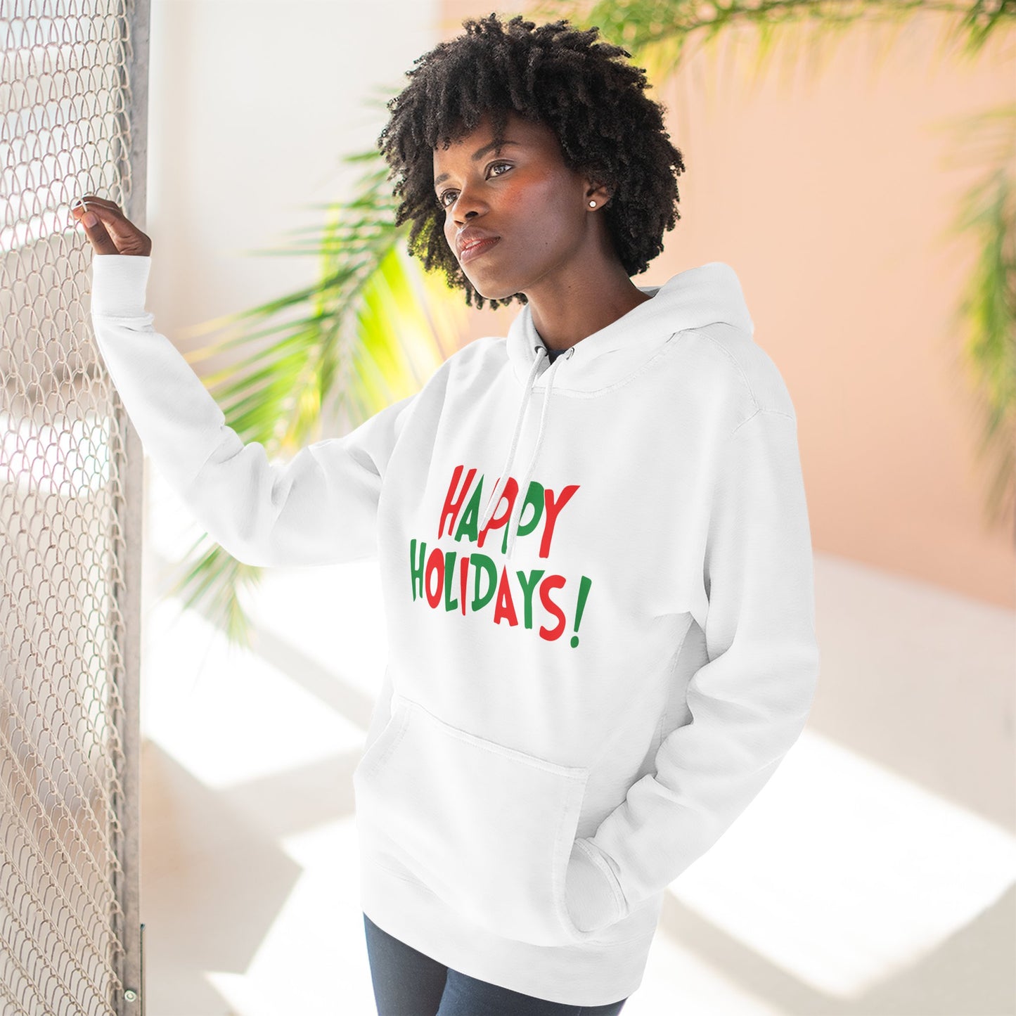 Happy Holidays! Fleece Hoodie — Festive Red & Green Holiday Sweatshirt