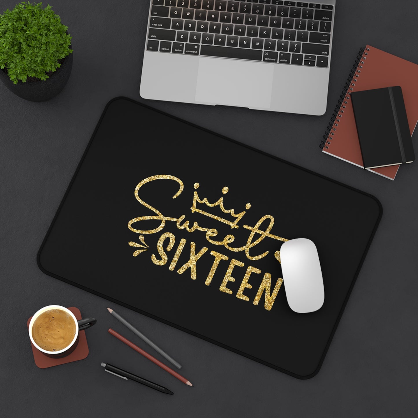 Sweet Sixteen Desk Mat | Gold Glitter Script on Black
