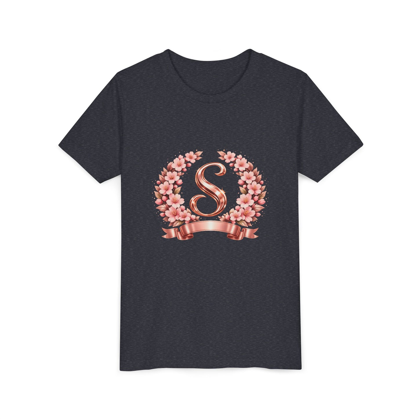 Youth Tee — Rose Gold Floral Monogram 'S' Shirt