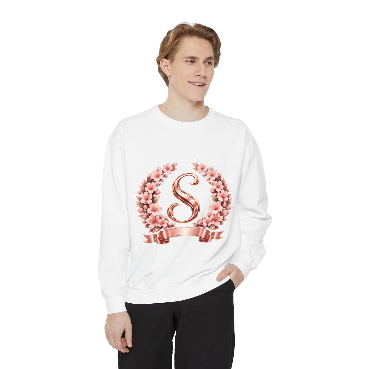 Floral Monogram 'S' Sweatshirt — Rose Gold Wreath Crewneck