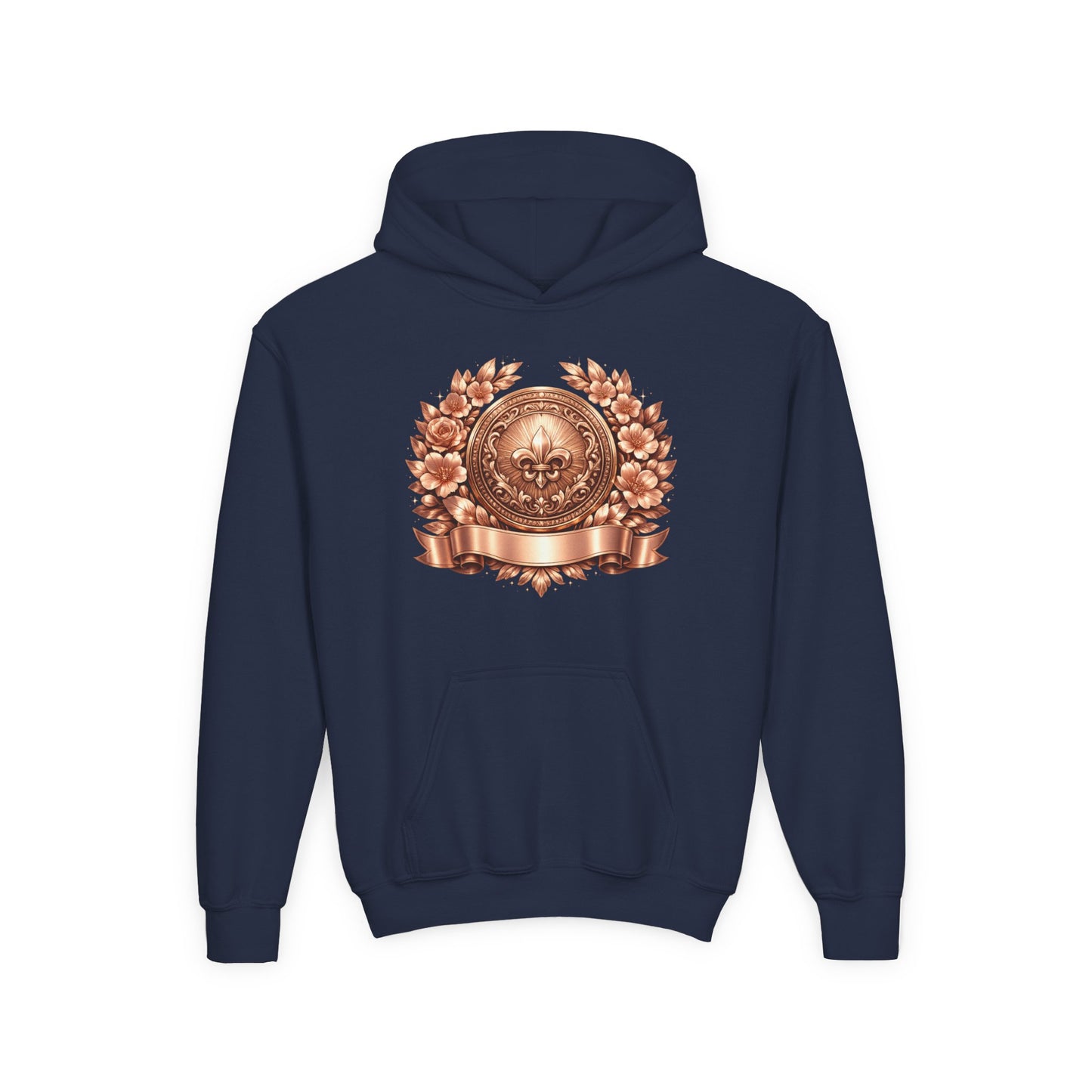 Youth Hoodie — Vintage Bronze Crest Floral Emblem