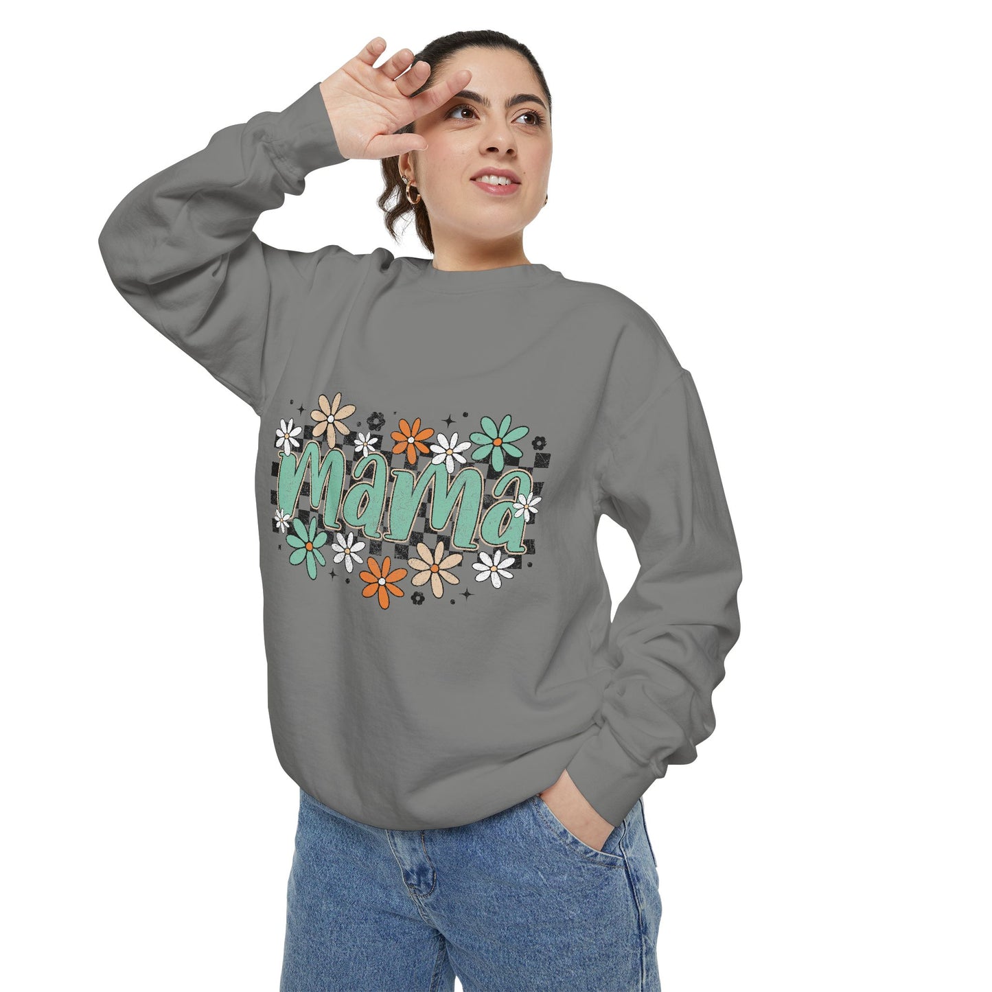 Mama Floral Script Sweatshirt | Green Orange Flowers, Striped Background