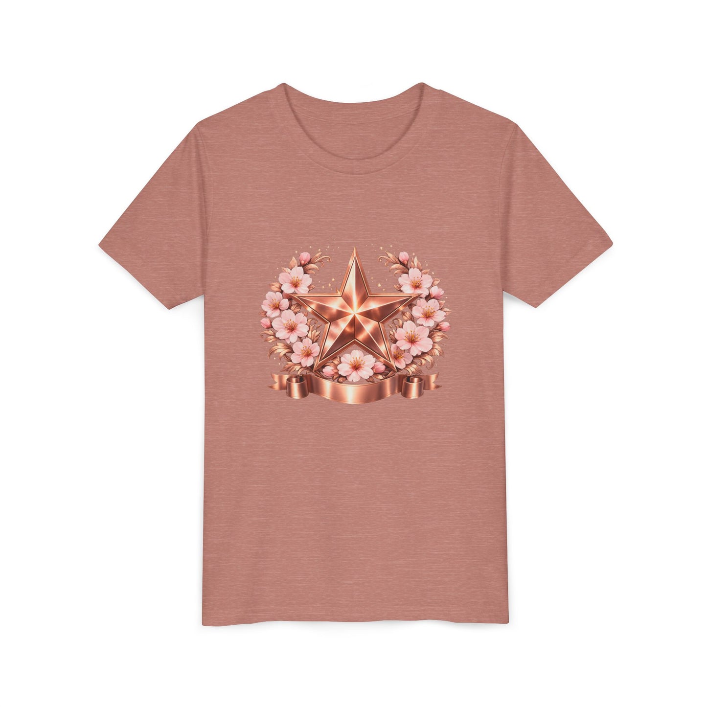 Youth Tee — Rose Gold Star with Cherry Blossom Wreath