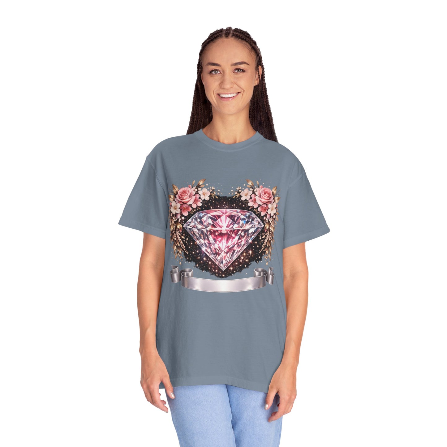 Pink Diamond Floral T-Shirt — Sparkling Gem Graphic Tee