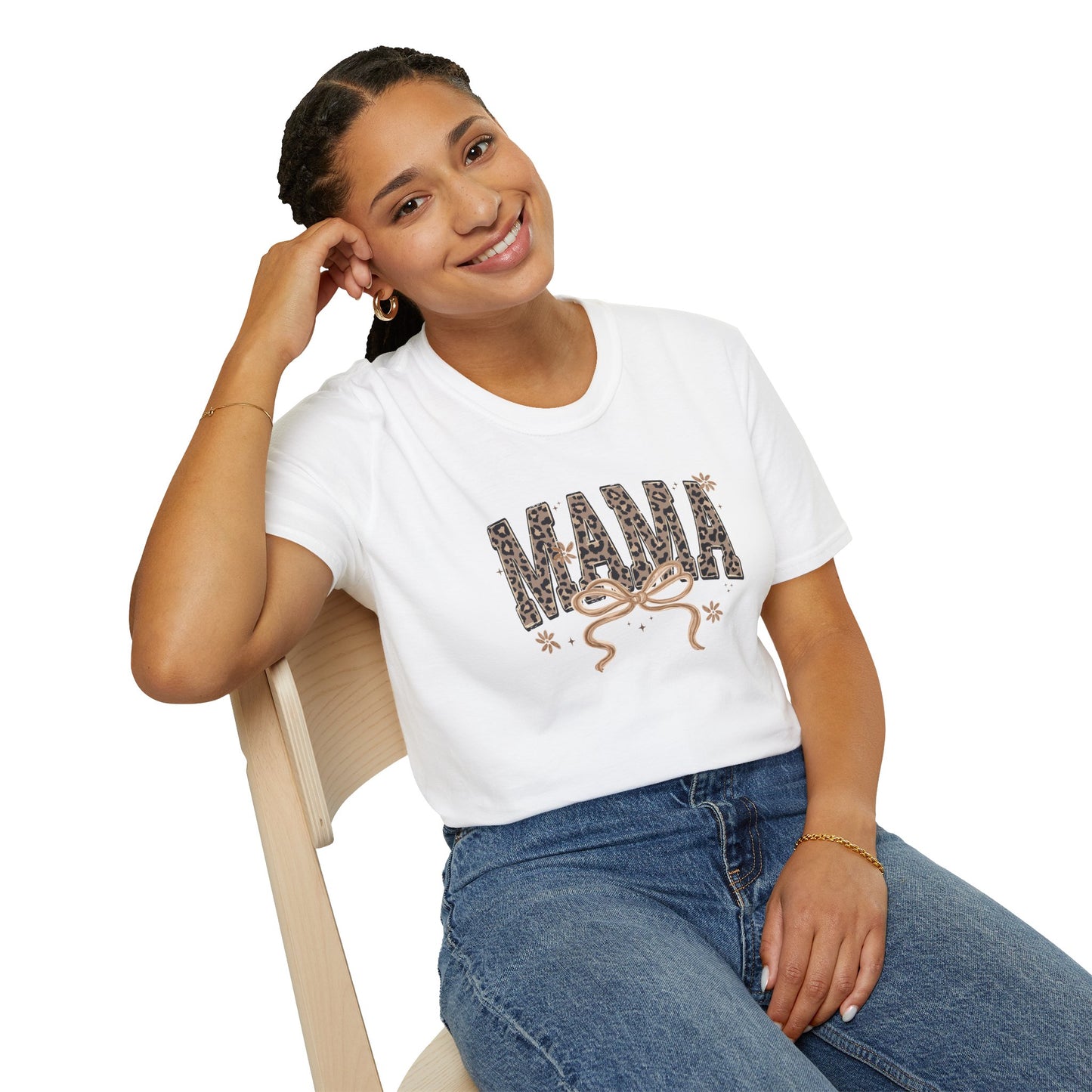 Mama Leopard Print T-Shirt — Cute Mama Graphic Tee with Bow Accent