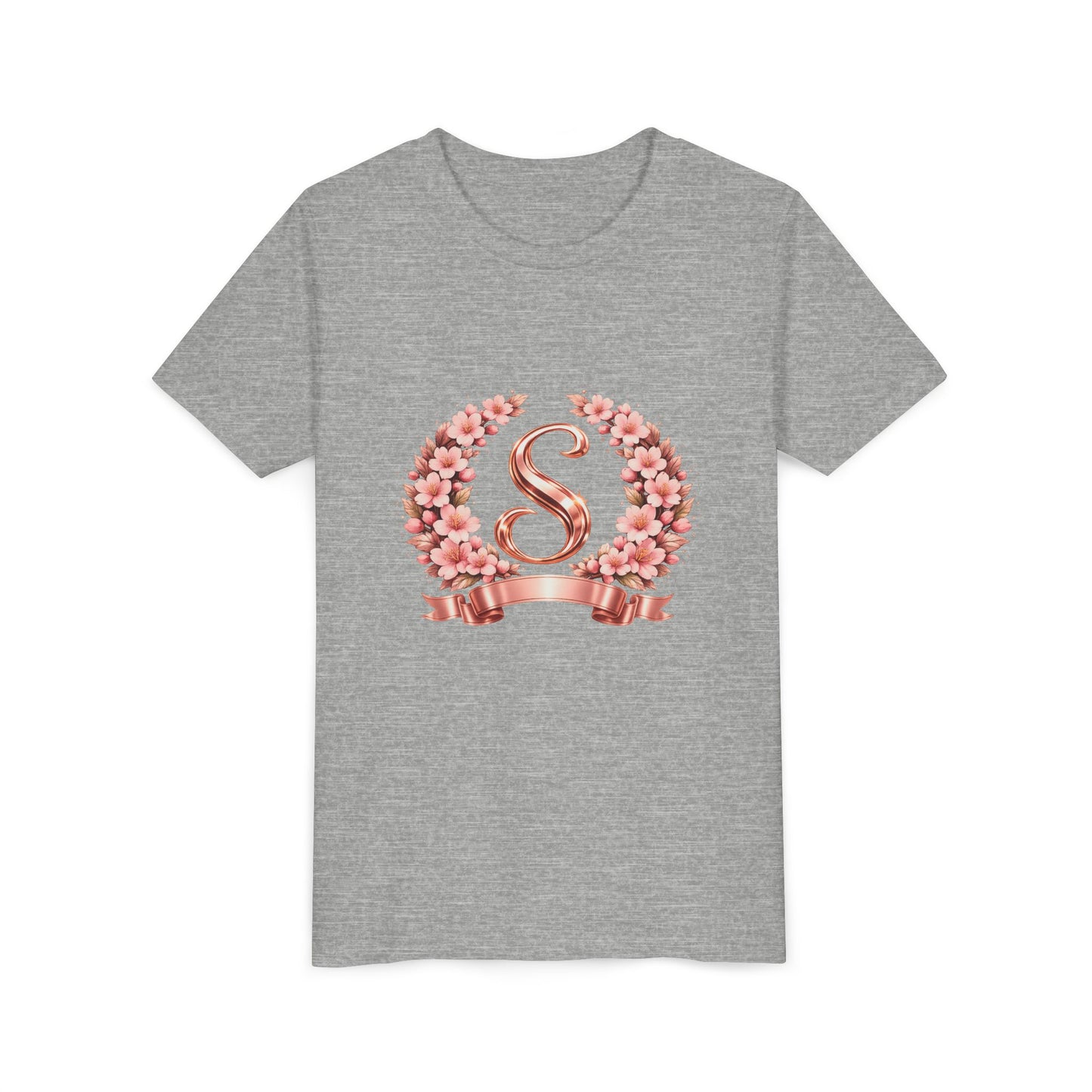 Youth Tee — Rose Gold Floral Monogram 'S' Shirt